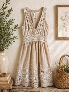 Max Studio Beige Boho Lace Trim Dress | Sleeveless V-Neck Embroidered Sundress